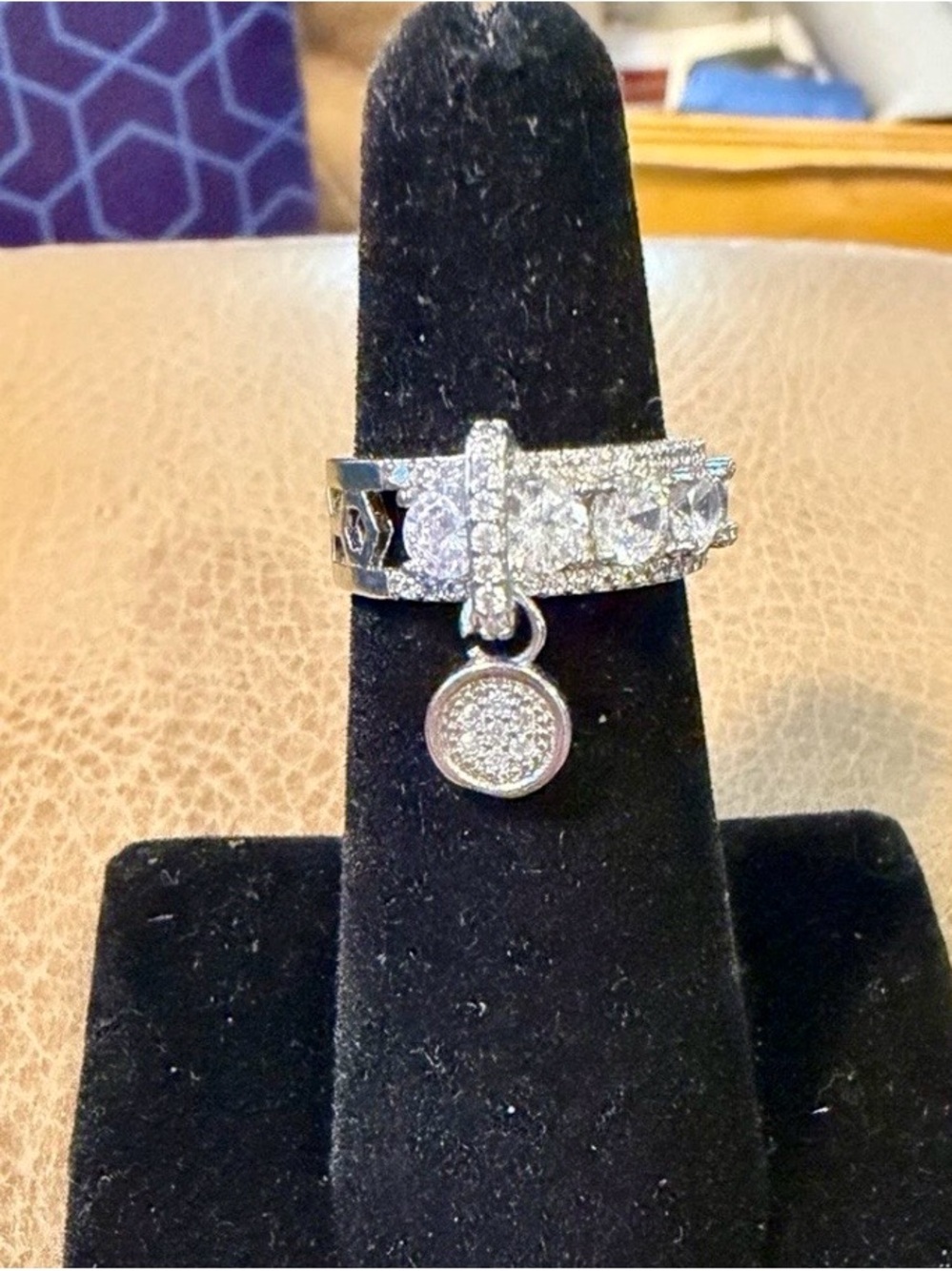 Sterling Silver Pavé Charm Ring - Sparkling Round Drop